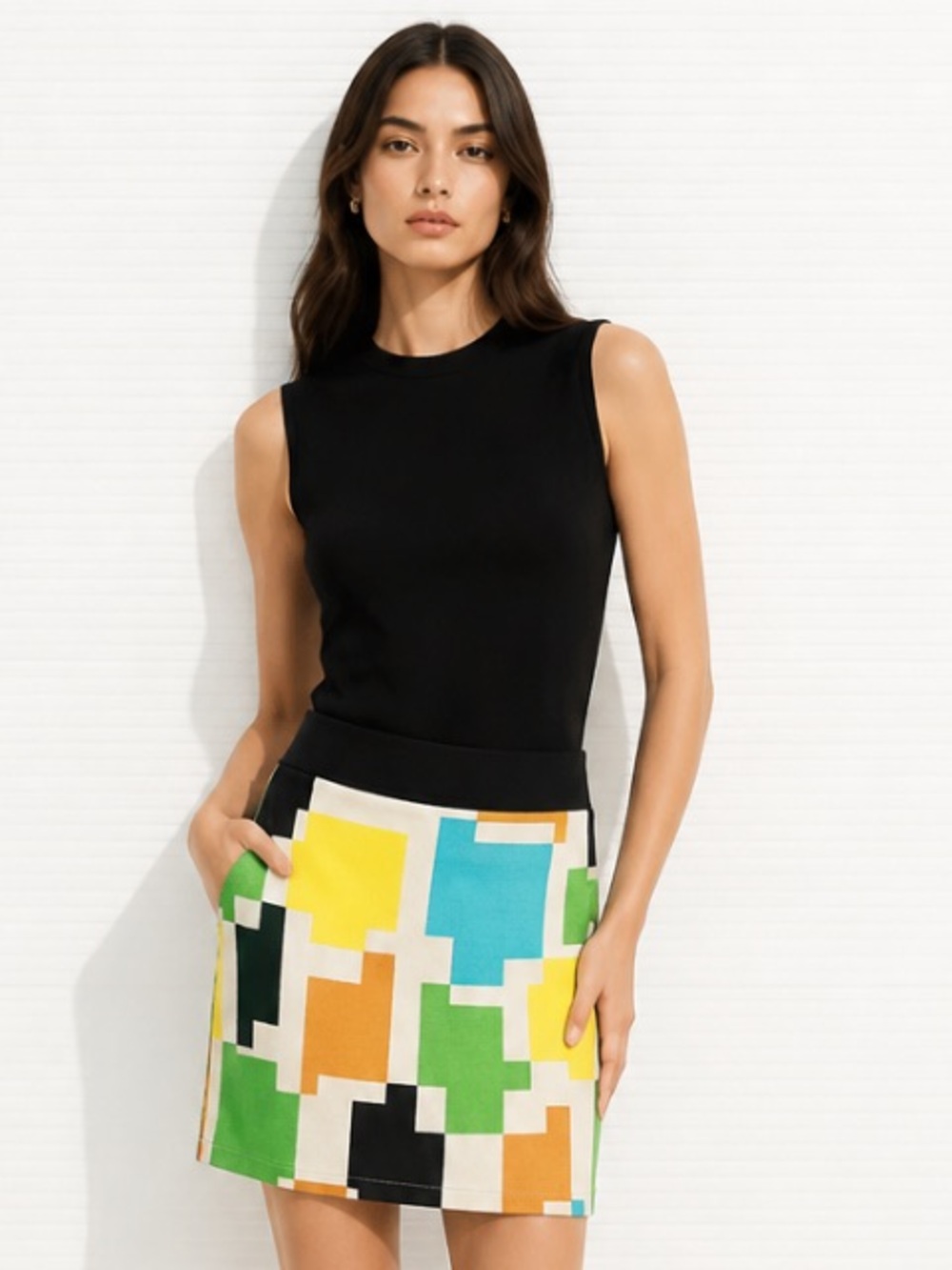 TIBI Mini Skirt Pullon Stretch Silk Geometric Colorful Small